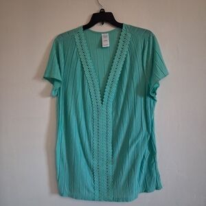 Catalina Turquoise V-Neck Blouse with Lace Trim